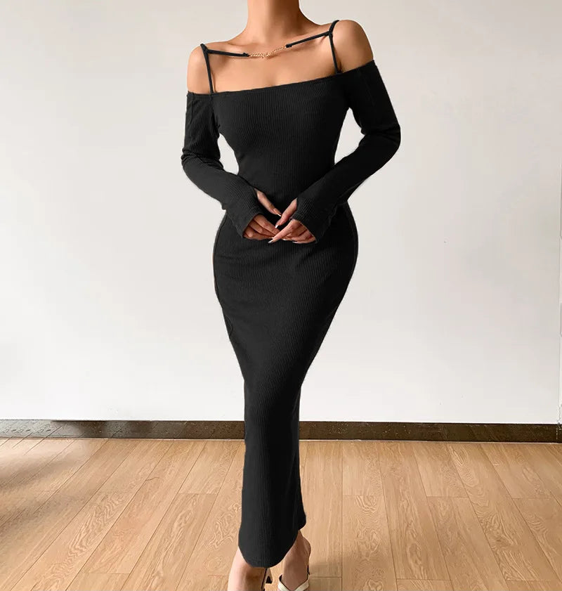 Picsgirl -  Sexy Evening Party Dress Coffee One Shoulder Long Sleeves Ankle Length Knitted Hip Dress for Woman Sexy Cocktail Dresses