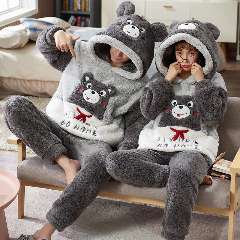 Couples Pajamas Sets Women Men Winter Thicken Pyjamas Sleepwear Cartoon Dinosaur Korean Lovers Homewear Soft Warm Pijama Hoodies