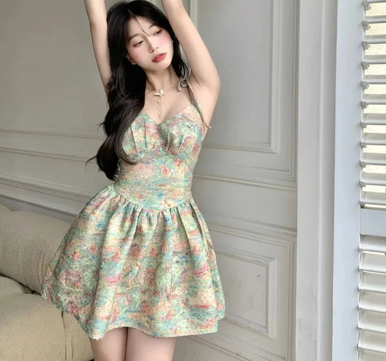 Tie Bow Print Ball Gown Dress Women Sexy V Neck Backless Spaghetti Strap Dress Lady High Waist Short Mini Party Dresses Vestidos