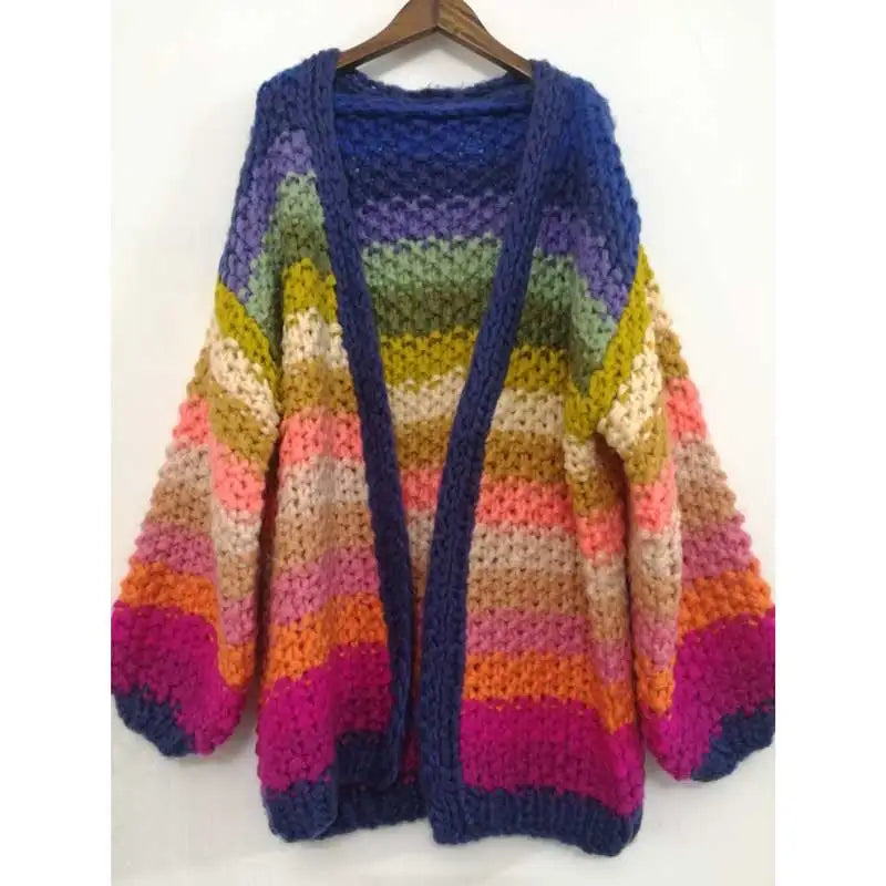 rainbow stripe cardigan women Hand Crocheted Cardigan sweater autumn winter warm knit cardigan coat streetwear