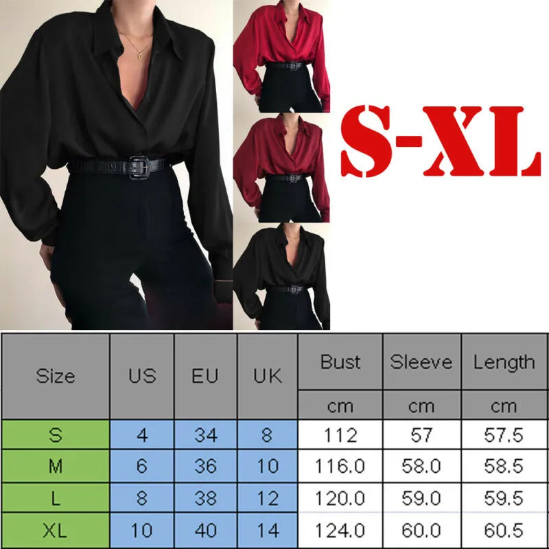 warmmeta Women Button Blouses Turn Down Collar Shirts Office Lady Long Sleeve Casual Blouse Loose OL Shirt Baggy Tops Red/Wine Red /Black