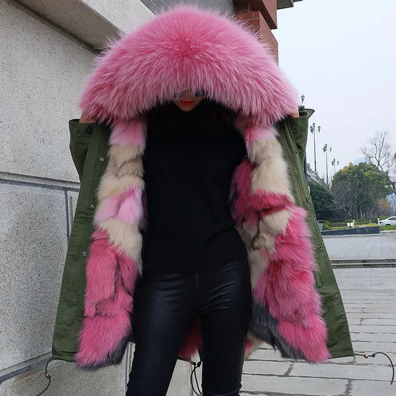 MaoMaoKong 2023 NEW Real Fur Coat Hooded Woman Winter Parkas Natural Fox Fur Collar Warm Jacket Removable Lining Female Clothing