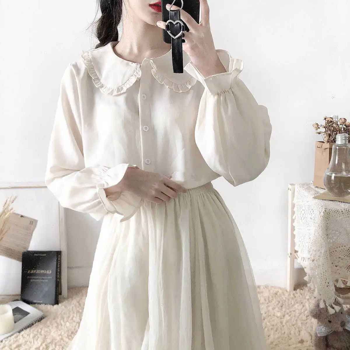 Japanese Cute Harajuku White Shirt Ruffle Tops Blouse Long Sleeve Sweet Lolita Basic Button Up Shirts 100% Cotton