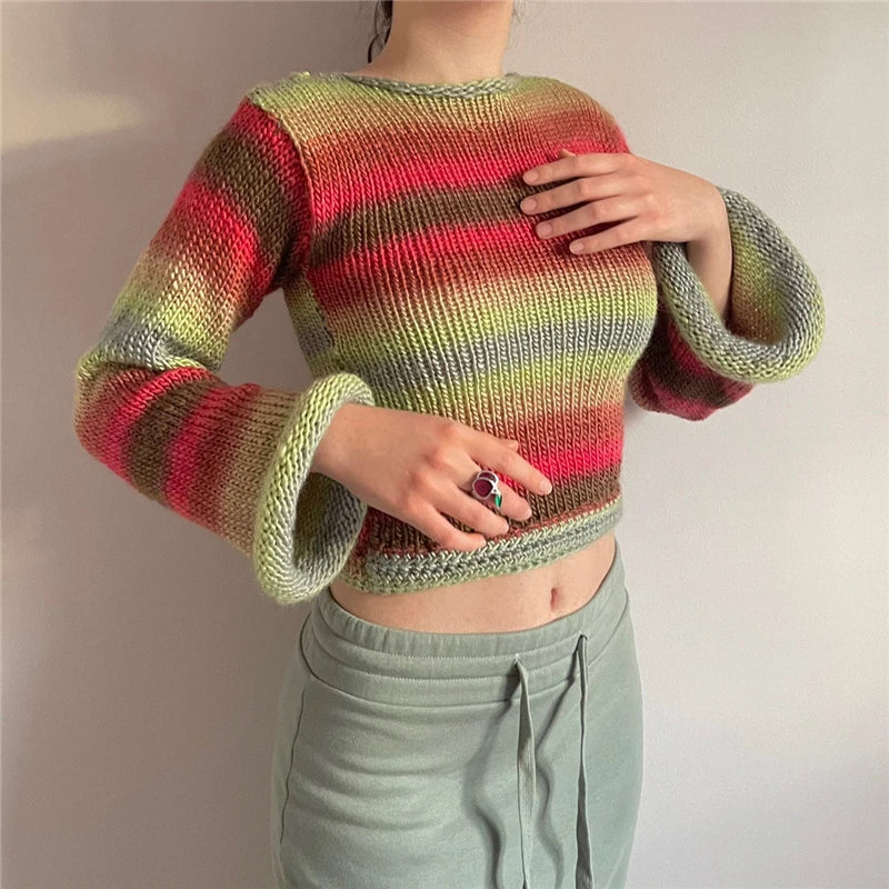 Rainbow Curled Sweater Women Fashion Flared Long Sleeve Loose Knitted Pullovers Fairy Harajuku Vintage Clothes Autumn