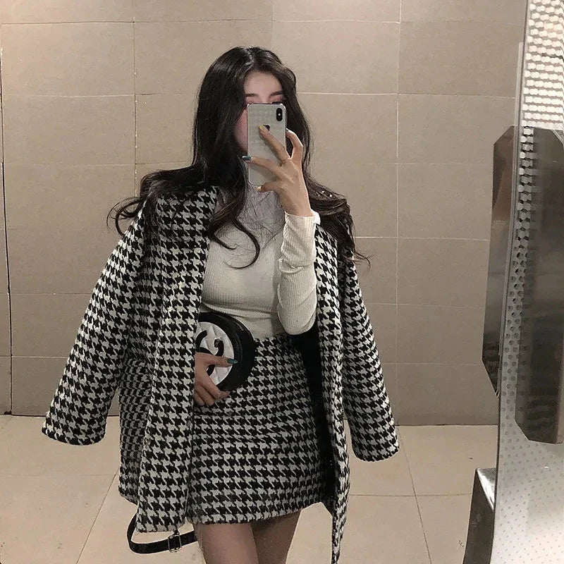 Spring Autumn Houndstooth Print Coats Women+skirt Two Piece Set Women New Turn-down Collar Single-breasted Streetwear Coat Suit