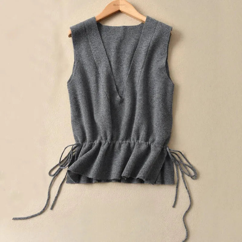 New Women Deep V Neck Waistcoat 30% Wool Drawstring Waist Short Knit Vest Fall Winter Korean Soft Handle Vest Coat