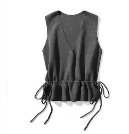 New Women Deep V Neck Waistcoat 30% Wool Drawstring Waist Short Knit Vest Fall Winter Korean Soft Handle Vest Coat