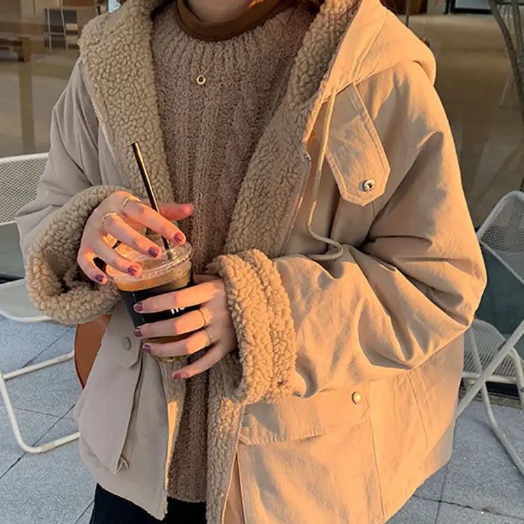 Women Oversized Parkas Hooded Thick Coat Ladies Soft Kawaii Jackets Double Sided Outerwear Autumn Winter Warm Long Sleeve Tops