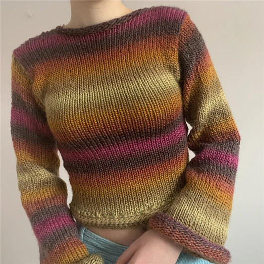 Rainbow Curled Sweater Women Fashion Flared Long Sleeve Loose Knitted Pullovers Fairy Harajuku Vintage Clothes Autumn