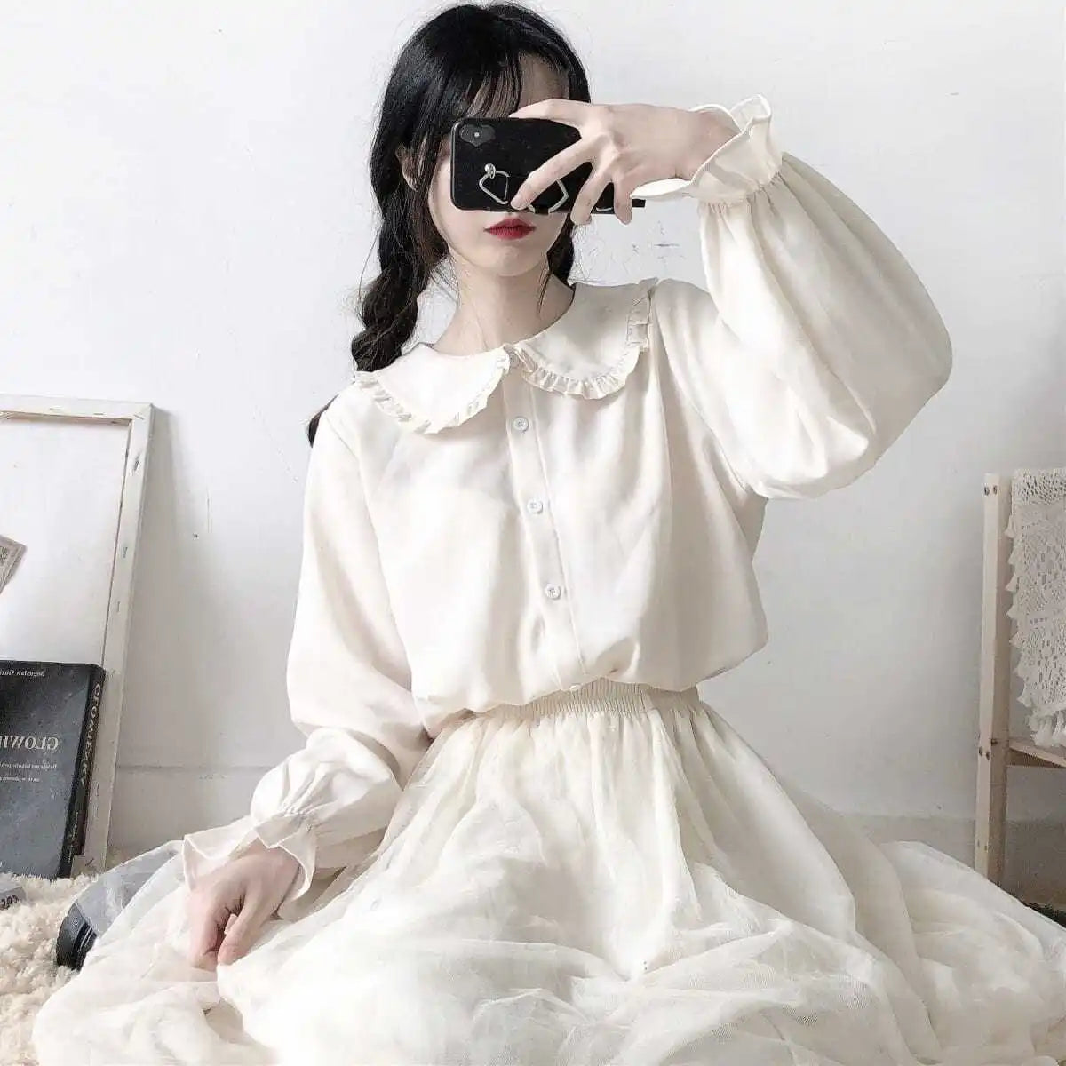 Japanese Cute Harajuku White Shirt Ruffle Tops Blouse Long Sleeve Sweet Lolita Basic Button Up Shirts 100% Cotton