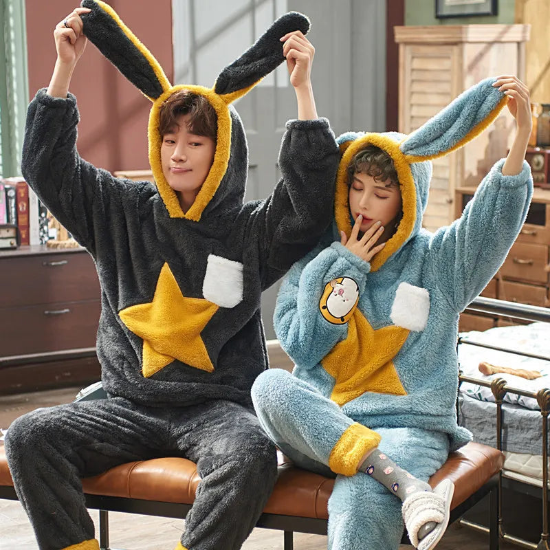 Couples Pajamas Sets Women Men Winter Thicken Pyjamas Sleepwear Cartoon Dinosaur Korean Lovers Homewear Soft Warm Pijama Hoodies