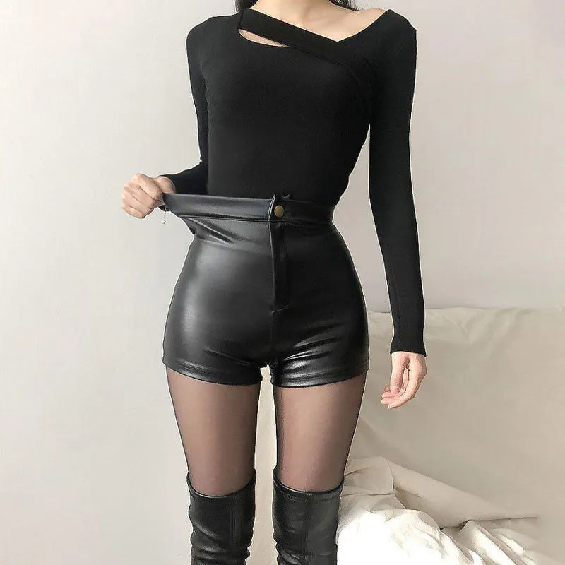 warmmeta Sexy Black PU Fashion Casual Summer Shorts Women Clothing Faux Leather Goth High Waisted Womens Shorts Y2k Hot Woman Short Pants