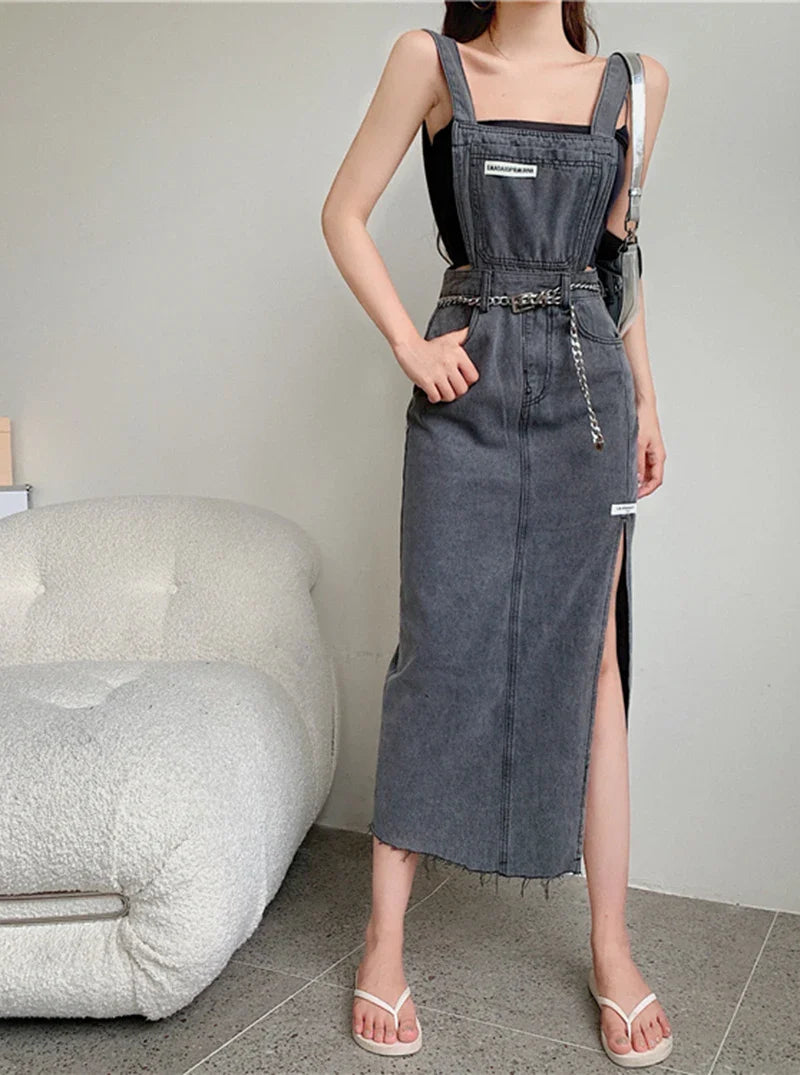 Summer Label Suspender Long Skirt Retro Ripped Denim Skirt Spaghetti Strap Sexy Split Blue Skirt Women Sundress Streetwear KS688