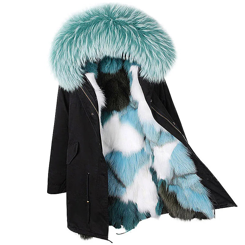 MaoMaoKong 2023 NEW Real Fur Coat Hooded Woman Winter Parkas Natural Fox Fur Collar Warm Jacket Removable Lining Female Clothing