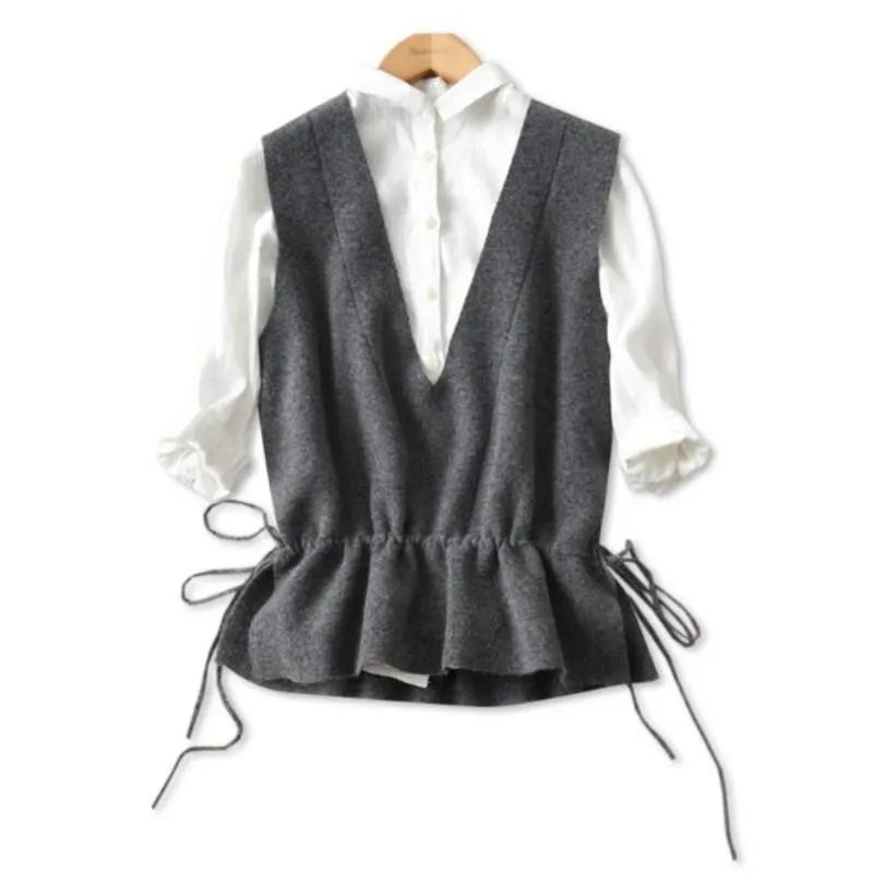 New Women Deep V Neck Waistcoat 30% Wool Drawstring Waist Short Knit Vest Fall Winter Korean Soft Handle Vest Coat