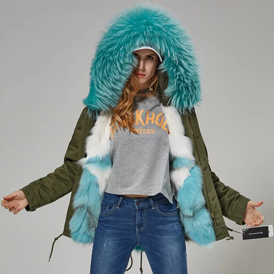 MaoMaoKong 2023 NEW Real Fur Coat Hooded Woman Winter Parkas Natural Fox Fur Collar Warm Jacket Removable Lining Female Clothing