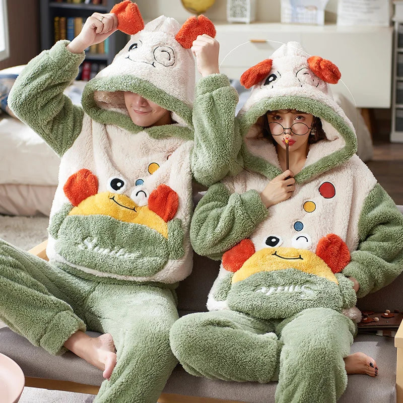 Couples Pajamas Sets Women Men Winter Thicken Pyjamas Sleepwear Cartoon Dinosaur Korean Lovers Homewear Soft Warm Pijama Hoodies