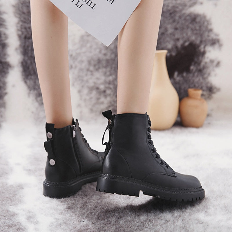 COOTELILI Fashion Zipper Flat Shoes Woman High Heel Platform PU Leather Boots Lace up Women Shoes Ankle Boots Girls 35-40