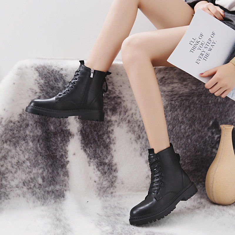 COOTELILI Fashion Zipper Flat Shoes Woman High Heel Platform PU Leather Boots Lace up Women Shoes Ankle Boots Girls 35-40