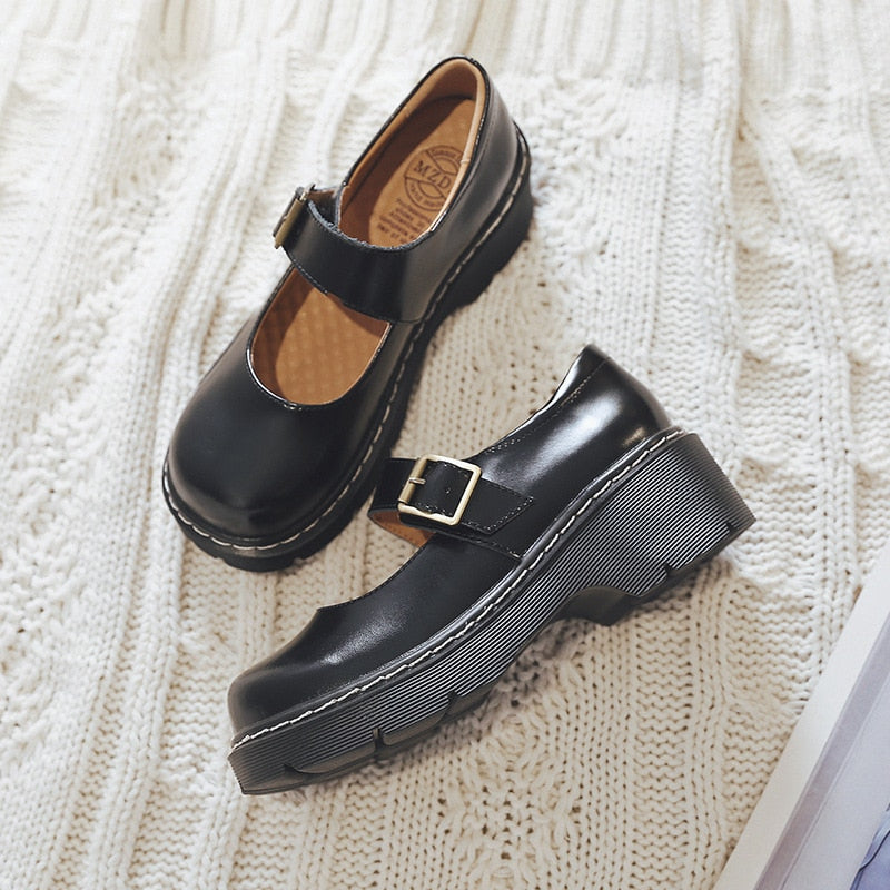 2019 New Arrival Japanese Style Vintage Buckle Mary Janes Shoes Women'S Shallow Mouth Casual Student Leather Shoes Thick Bottom