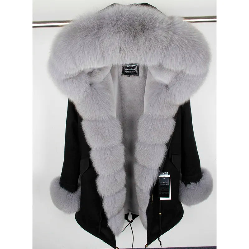 warmmeta Natural Real Fox Fur Jacket Hooded Black Waterproof Woman Winter Warm Coat Parkas Luxury Jacket Female Clothing