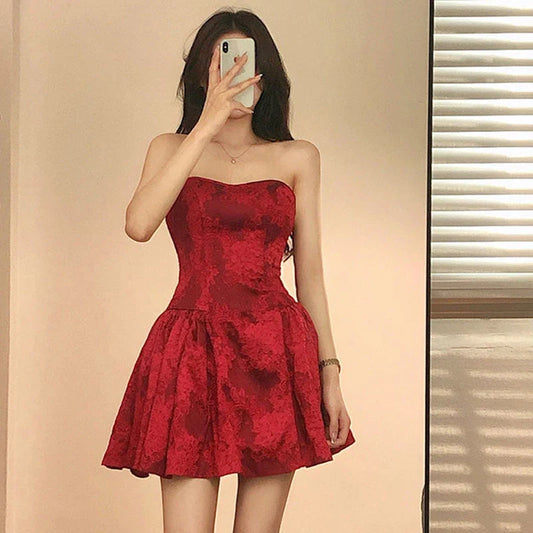 warmmeta Lady Elegant Slim Off Shoulder Backless Dresses Sexy Party Sleeveless Streetwear Red Women Strapless Mini Dress 2023 Summer