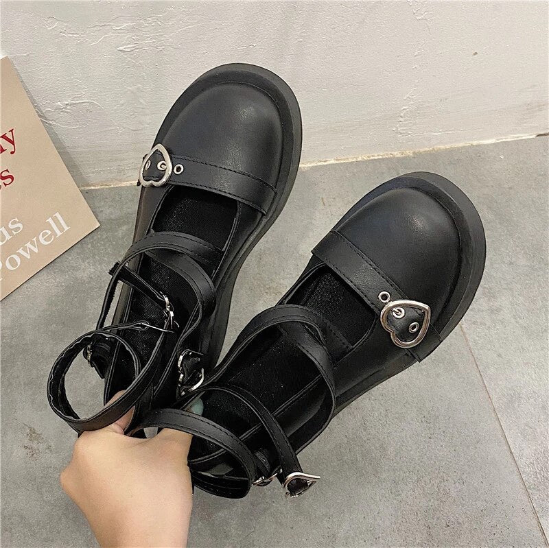 Women heels Lolita shoes platform mary jane Shoes Star Buckle Strap Mary Janes Women Cross-tied Girls Rivet Casual Shoes kawaii