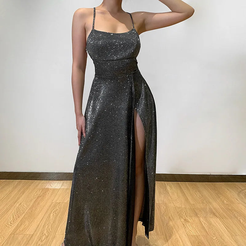 Picsgirl -  Shiny Evening Dresses for Women Back Strap High Slit Long Dress Sleeveless Ankle Length for Woman Sexy Cocktail Dresses