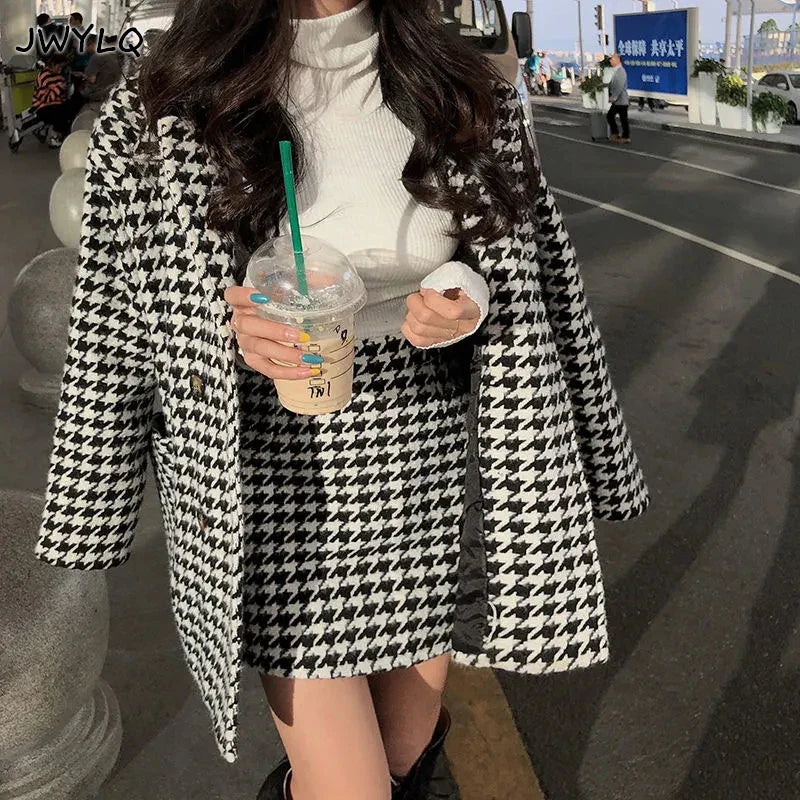 Spring Autumn Houndstooth Print Coats Women+skirt Two Piece Set Women New Turn-down Collar Single-breasted Streetwear Coat Suit