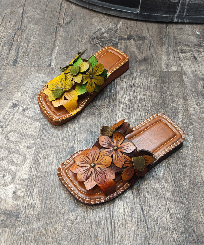 Handmade Cowhide Leather Yellow Green Floral Slide Sandals OI025