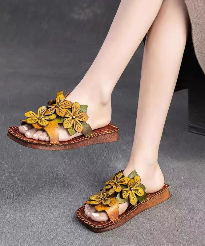 Handmade Cowhide Leather Yellow Green Floral Slide Sandals OI025