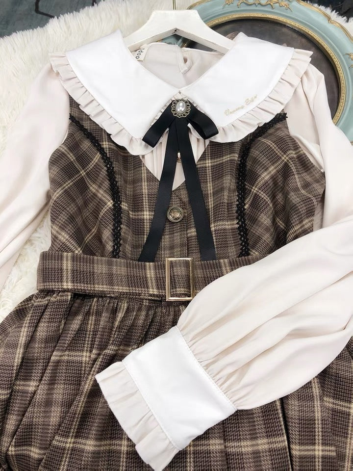 Hazel Morning Dark Academia Plaid Dress/Blouse/Set