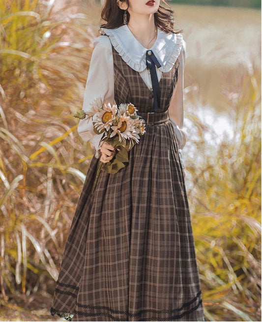 Hazel Morning Dark Academia Plaid Dress/Blouse/Set