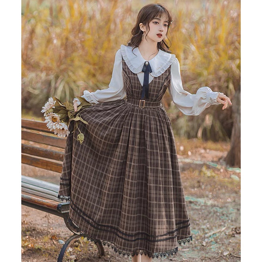 Hazel Morning Dark Academia Plaid Dress/Blouse/Set