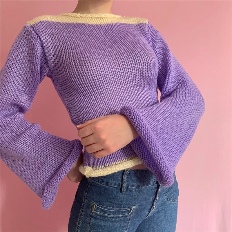 Rainbow Curled Sweater Women Fashion Flared Long Sleeve Loose Knitted Pullovers Fairy Harajuku Vintage Clothes Autumn