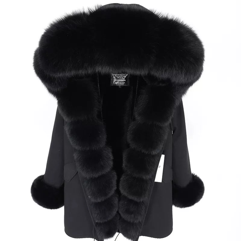 warmmeta Natural Real Fox Fur Jacket Hooded Black Waterproof Woman Winter Warm Coat Parkas Luxury Jacket Female Clothing