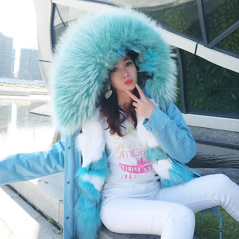 MaoMaoKong 2023 NEW Real Fur Coat Hooded Woman Winter Parkas Natural Fox Fur Collar Warm Jacket Removable Lining Female Clothing