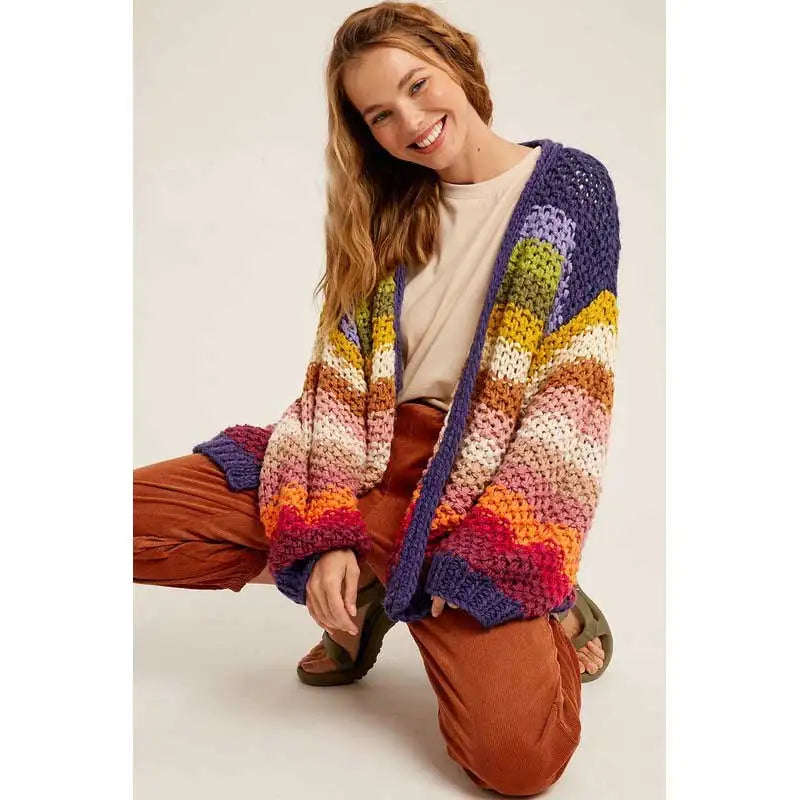 rainbow stripe cardigan women Hand Crocheted Cardigan sweater autumn winter warm knit cardigan coat streetwear