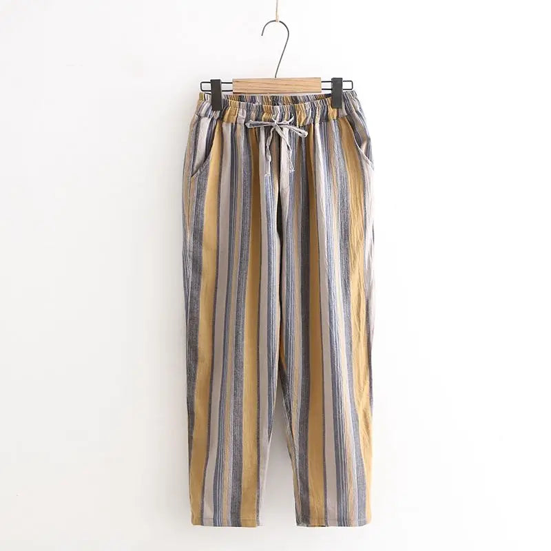 Women Pants Women's Linen Cropped Pants Loose Linen Fabric Summer Striped Casual Pants Pantalones De Mujer