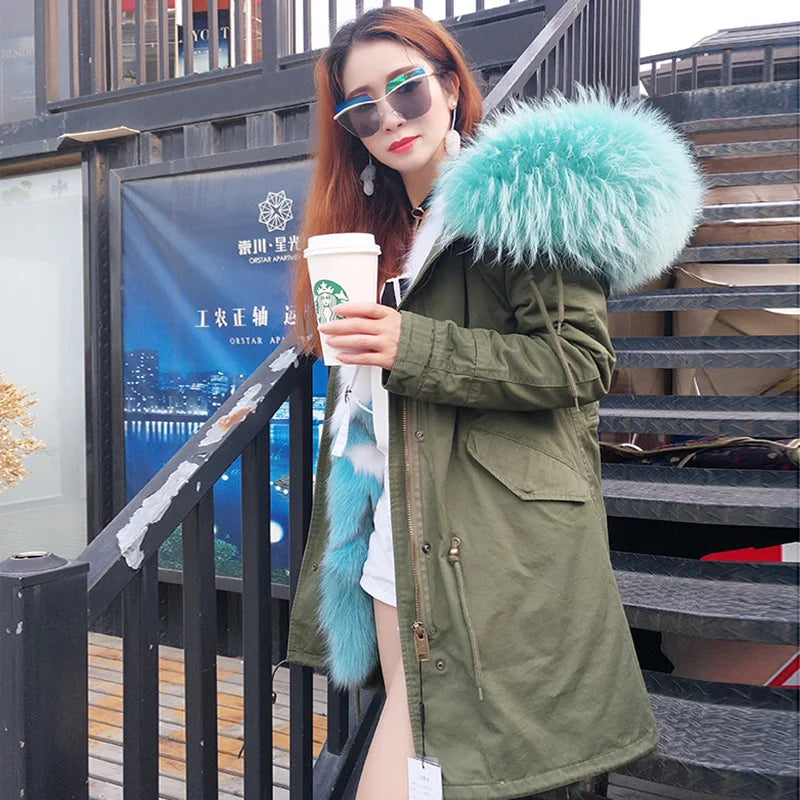 MaoMaoKong 2023 NEW Real Fur Coat Hooded Woman Winter Parkas Natural Fox Fur Collar Warm Jacket Removable Lining Female Clothing