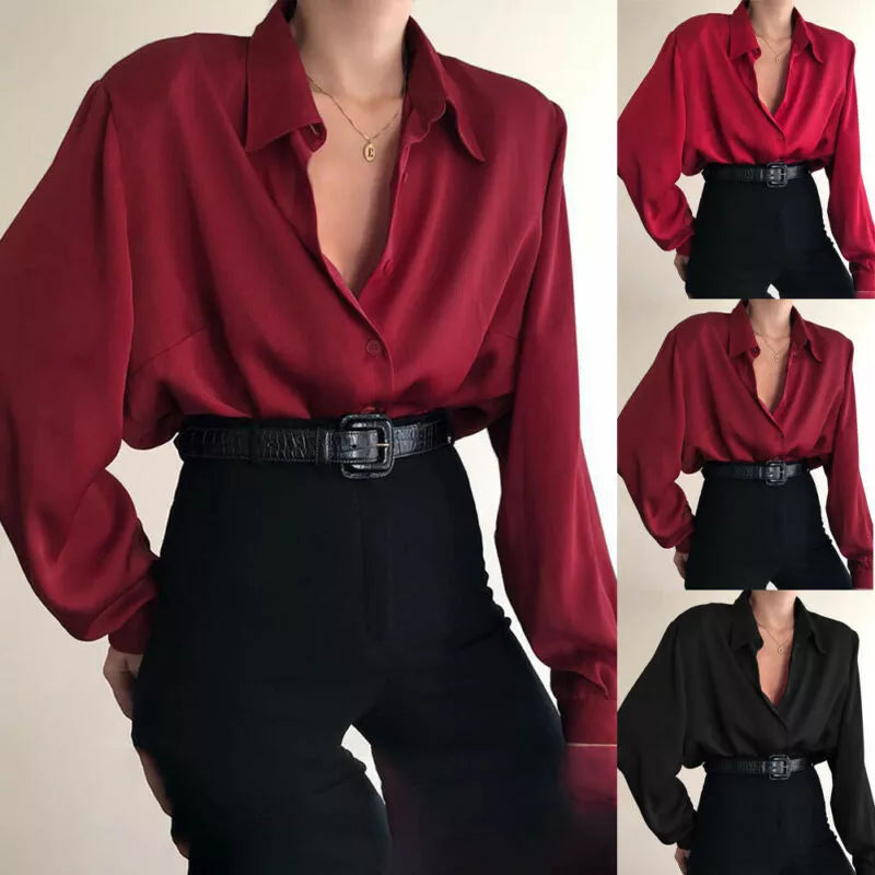 warmmeta Women Button Blouses Turn Down Collar Shirts Office Lady Long Sleeve Casual Blouse Loose OL Shirt Baggy Tops Red/Wine Red /Black