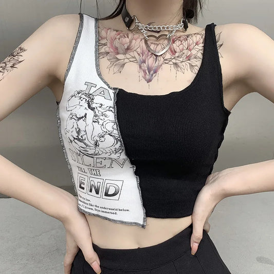 Punk Style Patchwork Tank Tops Aesthetic Letter And Graphic Print Women Crop Top Color Blocking Sleeveless Streetwear