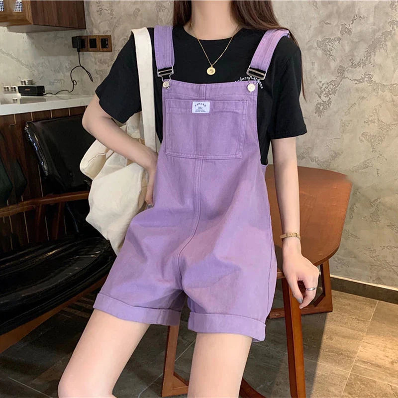 warmmeta Summer Vintage Purple Jean Jumpsuit Women Cotton Wide Legs Bib Female Overalls Woman Personality Denim Rompers