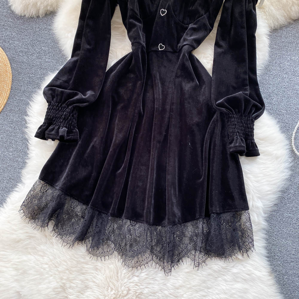 Fiery Romantic Goth Black Lace Velvet Dress