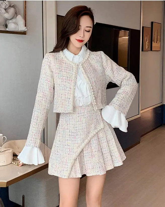 warmmeta-New 2024 High Quality Women Autumn Winter 3 Piece Sets Lady Fashion Elegant Slim Coat Skirt Shirt Three-piece Suit Tweed Sets