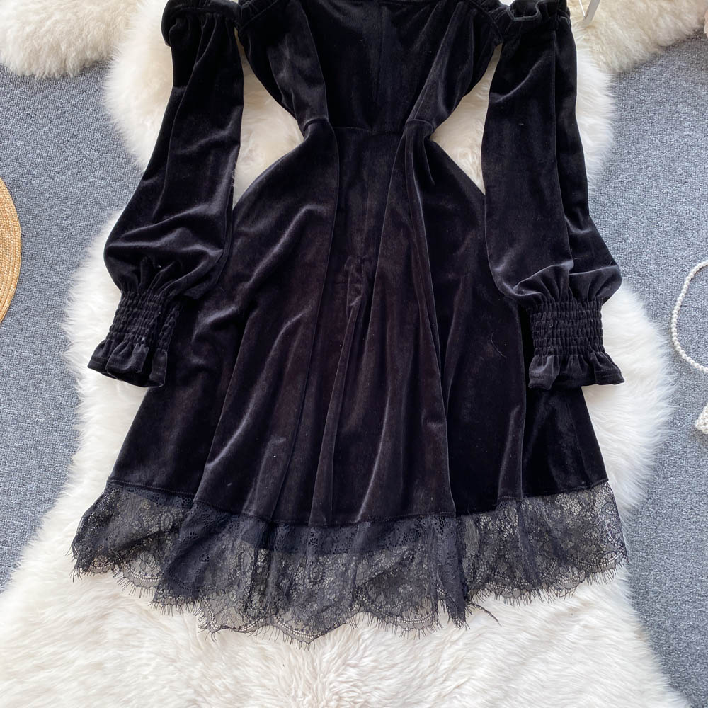 Fiery Romantic Goth Black Lace Velvet Dress