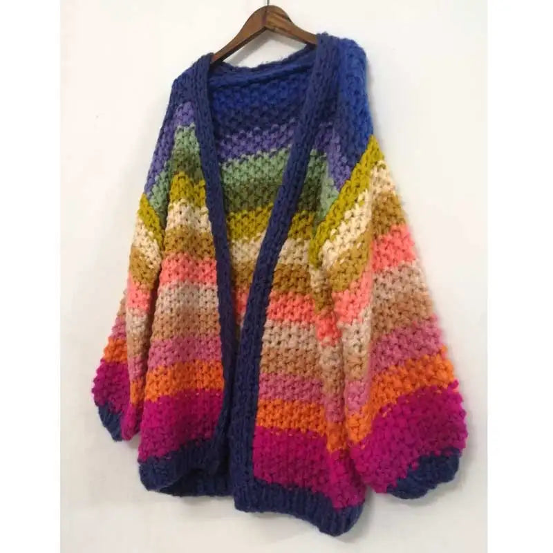 rainbow stripe cardigan women Hand Crocheted Cardigan sweater autumn winter warm knit cardigan coat streetwear