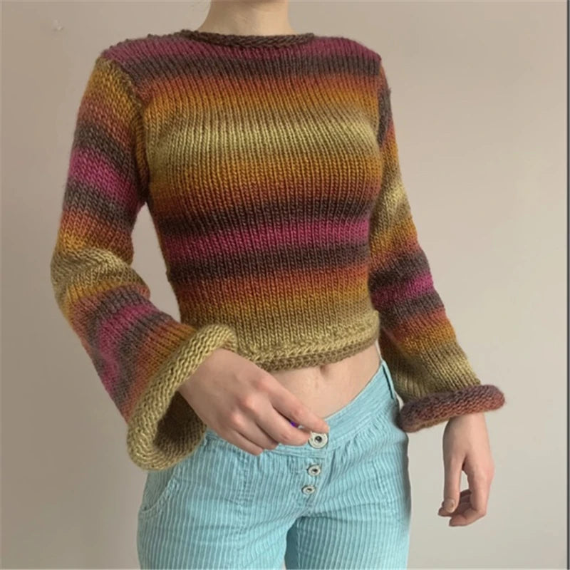 Rainbow Curled Sweater Women Fashion Flared Long Sleeve Loose Knitted Pullovers Fairy Harajuku Vintage Clothes Autumn