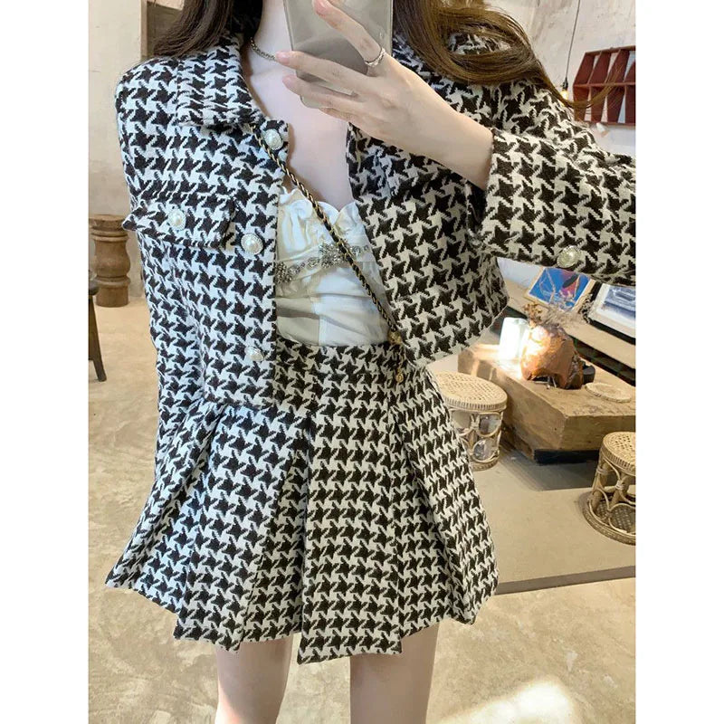 warmmeta -Small Fragrance Style Elegant Tweed 2 Piece Set Women Vintage Houndstooth Cropped Jacket + Pleated Mini Skirt Suits Sexy Outfits