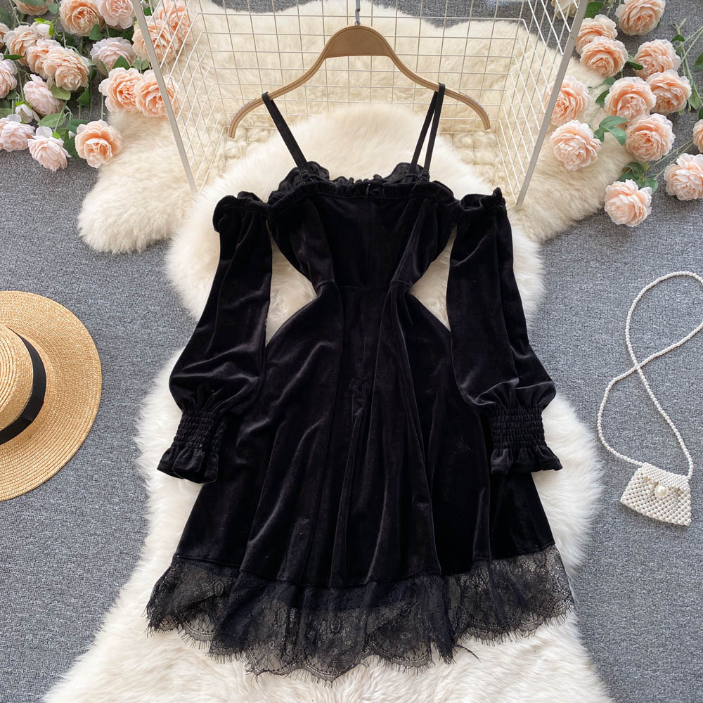 Fiery Romantic Goth Black Lace Velvet Dress